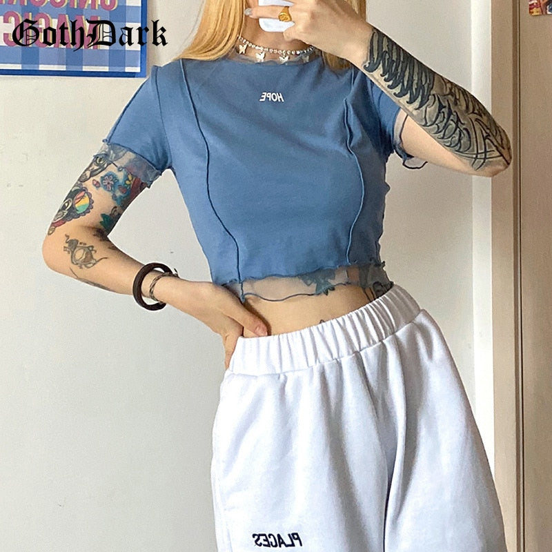 Goth Dark Gothic Hope T-shirts Black Or Blue Ruffles Hem O-neck Bodycon Casaul Women Summer Wear Letter Print Front Crop Tops