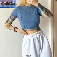 Goth Dark Gothic Hope T-shirts Black Or Blue Ruffles Hem O-neck Bodycon Casaul Women Summer Wear Letter Print Front Crop Tops