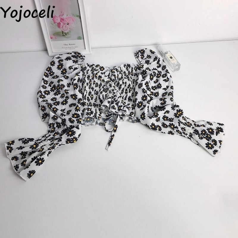 Yojoceli boho beach print blouses shirt women long sleeve ruffle short blouse tops female blusas