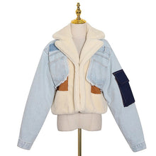 TWOTWINSTYLE Patchowrk Lambswool Denim Jacket For Women Lapel Long Sleeve Tassel Casual Coat Female 2020 Winter Fashion New Tide