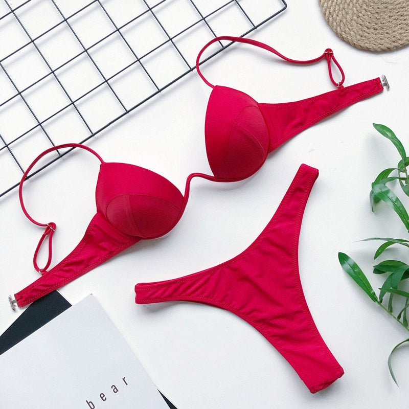 Bikini 2021 Summer Bandage Swimsuit Women Push Up Swimwear Padded Bra Bikini Set Solid Beach Wear Bathing Suit Brazilian Biquini