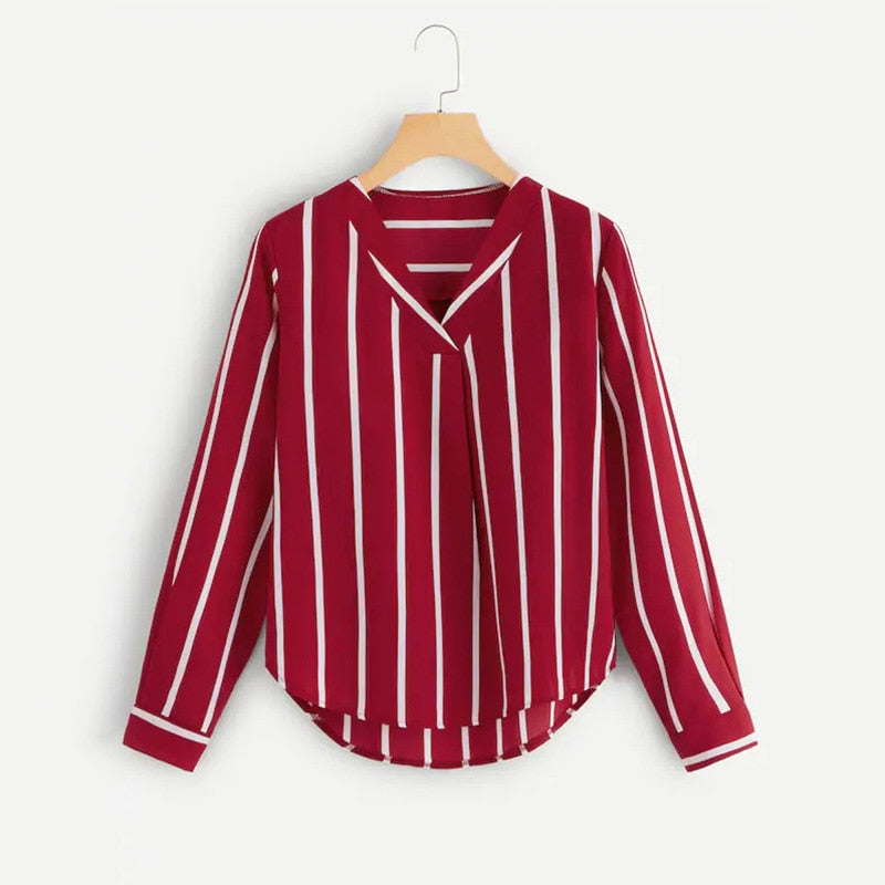 Autumn Long Sleeve V Neck Irregular Stripe Shirt Women Casual Tops And Blouses chemise femme camisas mujer women blouses