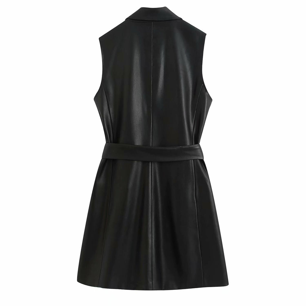 Women 2020 Vintage Fashion PU Faux Leather Waistcoat Double Breasted With Belt Pockets Female Outerwear Chic Tops