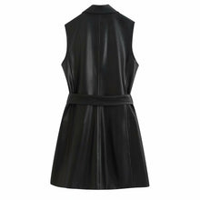 Women 2020 Vintage Fashion PU Faux Leather Waistcoat Double Breasted With Belt Pockets Female Outerwear Chic Tops