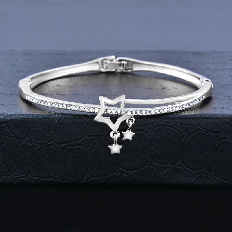SINLEERY Romantic Black Heart Bangle Cuff For Women Gold Silver Color Crystal Heart Pendant Bracelets Women SL151 SSC