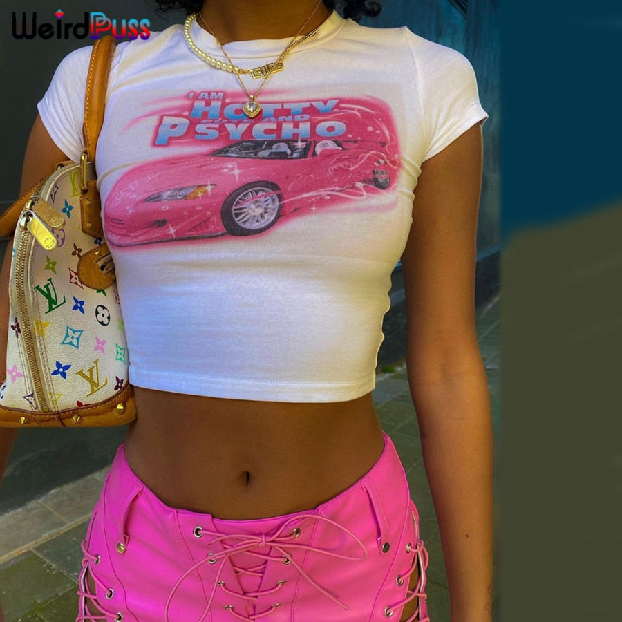 Weird Puss Y2K Summer Skinny Women Graphic T Shirts Navel Trend Print O-Neck Stretchy Short Sleeve Crop Top Streetwear Slim Tees