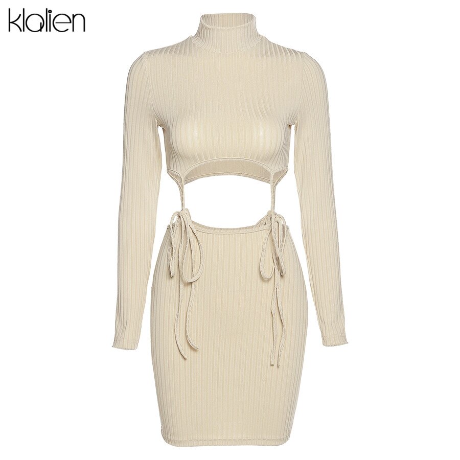 KLALIEN autumn fashion casual rib knitted long sleeve Turtleneck bodycon dress women sexy hollow out bandage simple solid dress