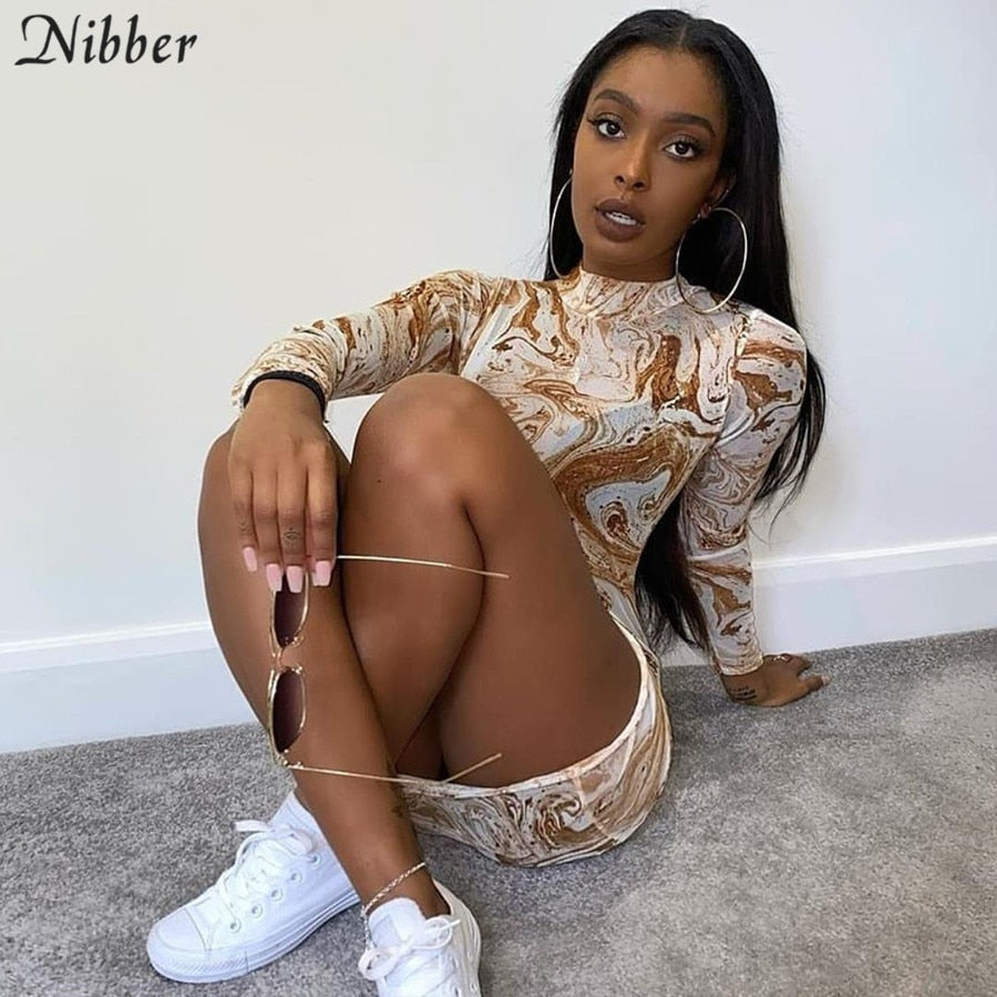 Nibber Retro tribal style printed graphic dress for women street casual wear summer long sleeve mesh bocycon mini dresses female