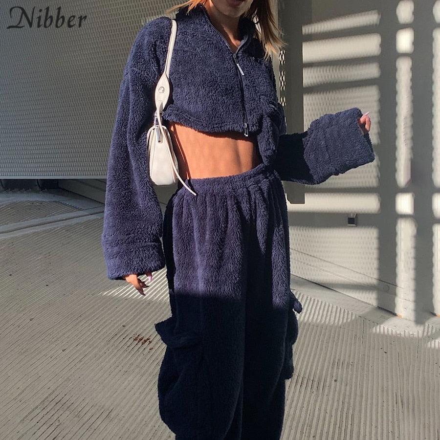 Nibber Flannel Zipper Corp Tops Coat Cargo Pants Sets Womens Autumn Winter Y2K Overalls Jacket Suits Sportswear Pullover Female