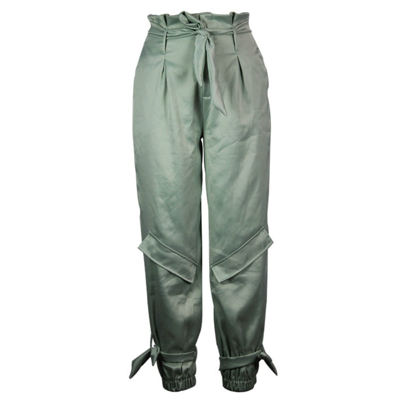 Women Pants Casual High Waist with Drawstring Fashionable Trousers Light Green Two Pockets Female Summer Autumn Girl Street Wear
