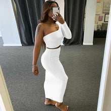 Hugcitar 2020 One-Shoulder Crop Top High Waist Skirt 2 Piece Set Autumn Winter Women Fashion Streetwear Outfits Tracksuit