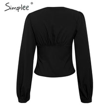 Simplee Lantern sleeve office ladies blouses V neck buttons slim women blouse shirts Chic autumn winter female black tops blusas