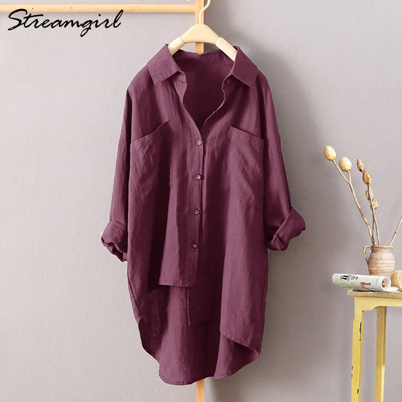 White Linen Shirt Women Long Sleeve Summer Work Wear White Shirt Linen Blouse Female Women's Blouse Women's Shirts With Pocket