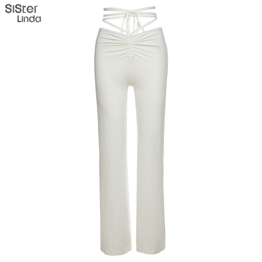 Sisterlinda Spring Fashion High Waist Straight Pant Women Casual Street Bandage Trousers Ladies Party Clubwear Pant Outfits 2021