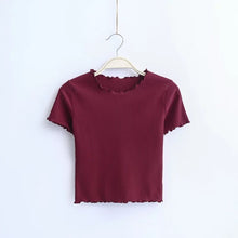 Vintage Wood ears O neck Short sleeve T-shirt 2021 New Woman Slim Fit t shirt tight tee Summer Retro Tops 6 colors