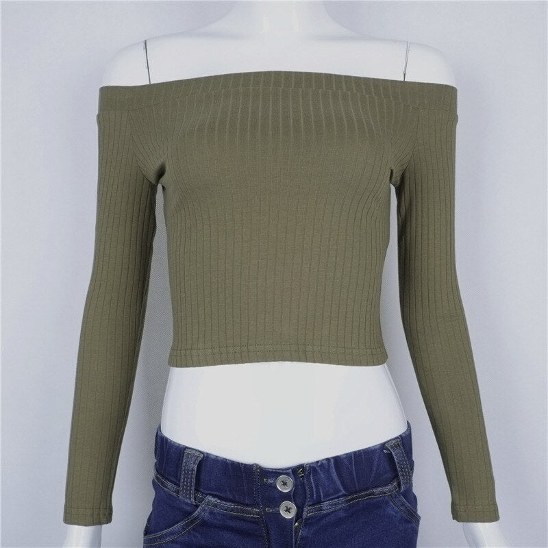 Women Off Shoulder Crop Top T Shirts Long Sleeve Short T-shirts For Women Clothing Fashion Black T-shirt Tops Tees Korean Style