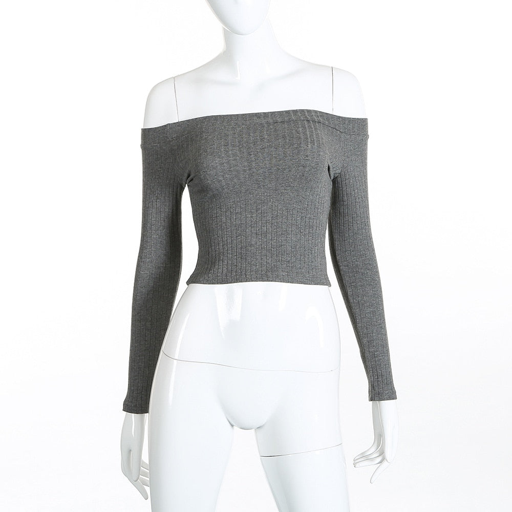Women Off Shoulder Crop Top T Shirts Long Sleeve Short T-shirts For Women Clothing Fashion Black T-shirt Tops Tees Korean Style