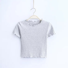Vintage Wood ears O neck Short sleeve T-shirt 2021 New Woman Slim Fit t shirt tight tee Summer Retro Tops 6 colors