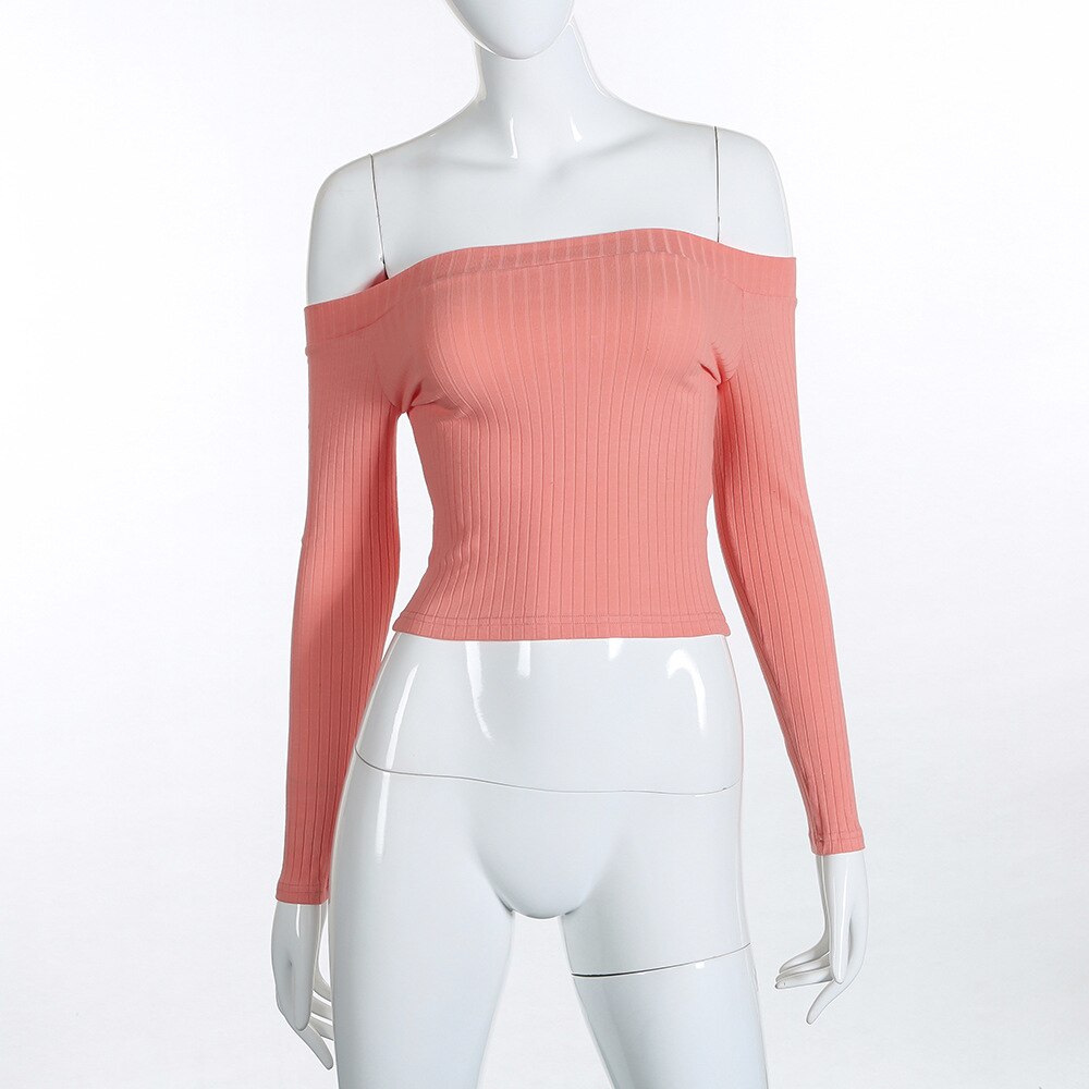 Women Off Shoulder Crop Top T Shirts Long Sleeve Short T-shirts For Women Clothing Fashion Black T-shirt Tops Tees Korean Style
