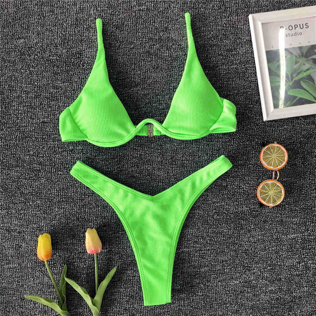 V-bar Underwired Bikini 2021 Female Swimsuit Women Swimwear Two-piece Bikini set V shape Wire Bather Ribbed Bathing Suit V1571