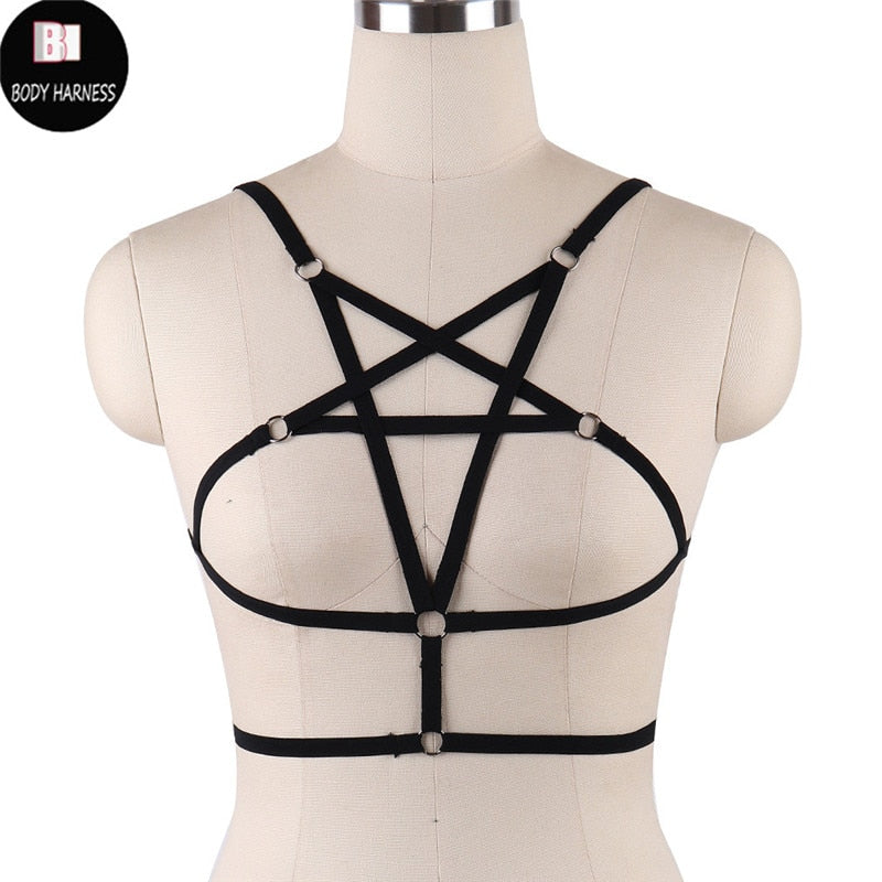 Rave Wear Pentagram Bondage Body Harness Lingerie Goth Crop Tops Fetish Cage Bra Lingerie Harness Belt Star Harness Bra