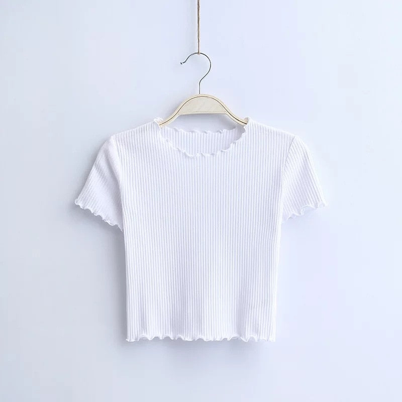 Vintage Wood ears O neck Short sleeve T-shirt 2021 New Woman Slim Fit t shirt tight tee Summer Retro Tops 6 colors