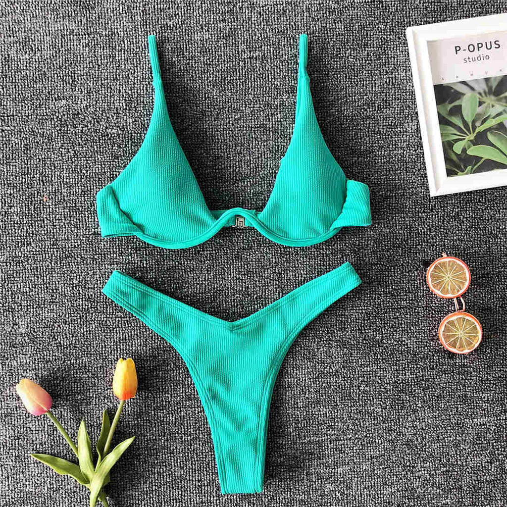 V-bar Underwired Bikini 2021 Female Swimsuit Women Swimwear Two-piece Bikini set V shape Wire Bather Ribbed Bathing Suit V1571
