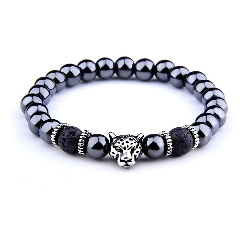 Silver Color Leopard Head Men Bracelet Natural Healing Energy Tiger Eye Stone Beads Bracelets Women Jewelry Friendship Pulseras