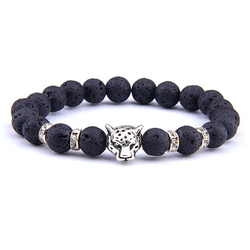 Silver Color Leopard Head Men Bracelet Natural Healing Energy Tiger Eye Stone Beads Bracelets Women Jewelry Friendship Pulseras