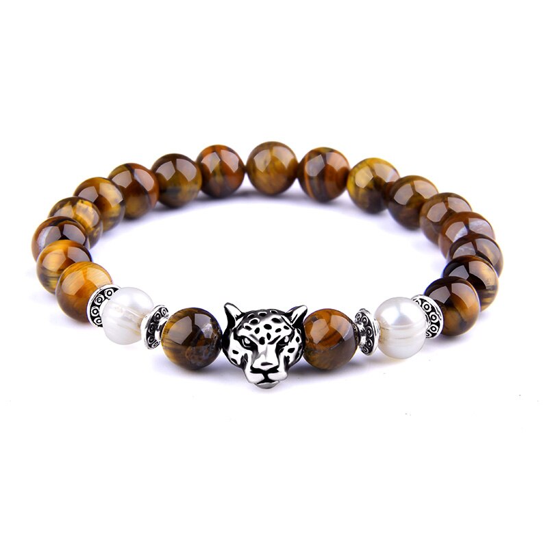 Silver Color Leopard Head Men Bracelet Natural Healing Energy Tiger Eye Stone Beads Bracelets Women Jewelry Friendship Pulseras