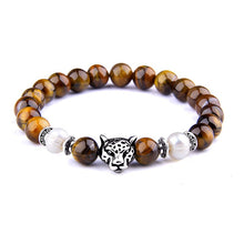 Silver Color Leopard Head Men Bracelet Natural Healing Energy Tiger Eye Stone Beads Bracelets Women Jewelry Friendship Pulseras