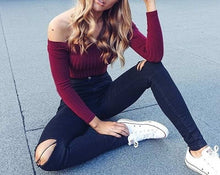 Women Off Shoulder Crop Top T Shirts Long Sleeve Short T-shirts For Women Clothing Fashion Black T-shirt Tops Tees Korean Style