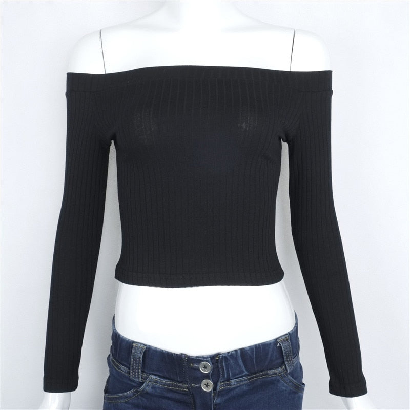 Women Off Shoulder Crop Top T Shirts Long Sleeve Short T-shirts For Women Clothing Fashion Black T-shirt Tops Tees Korean Style