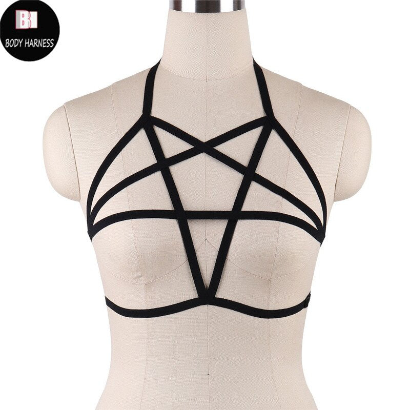 Rave Wear Pentagram Bondage Body Harness Lingerie Goth Crop Tops Fetish Cage Bra Lingerie Harness Belt Star Harness Bra