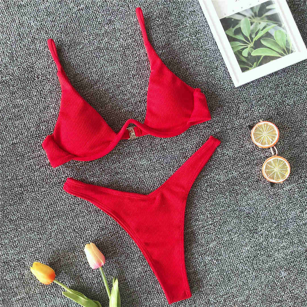 V-bar Underwired Bikini 2021 Female Swimsuit Women Swimwear Two-piece Bikini set V shape Wire Bather Ribbed Bathing Suit V1571