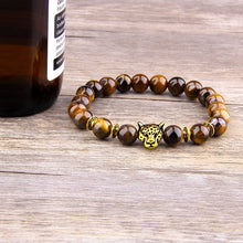 Silver Color Leopard Head Men Bracelet Natural Healing Energy Tiger Eye Stone Beads Bracelets Women Jewelry Friendship Pulseras
