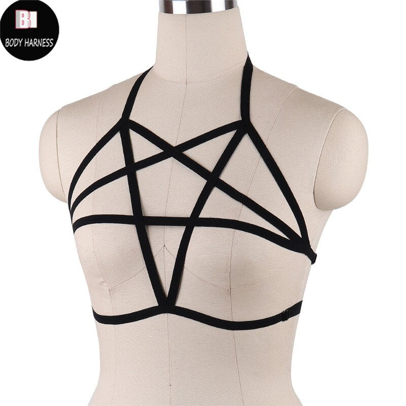 Rave Wear Pentagram Bondage Body Harness Lingerie Goth Crop Tops Fetish Cage Bra Lingerie Harness Belt Star Harness Bra