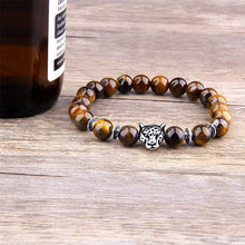 Silver Color Leopard Head Men Bracelet Natural Healing Energy Tiger Eye Stone Beads Bracelets Women Jewelry Friendship Pulseras