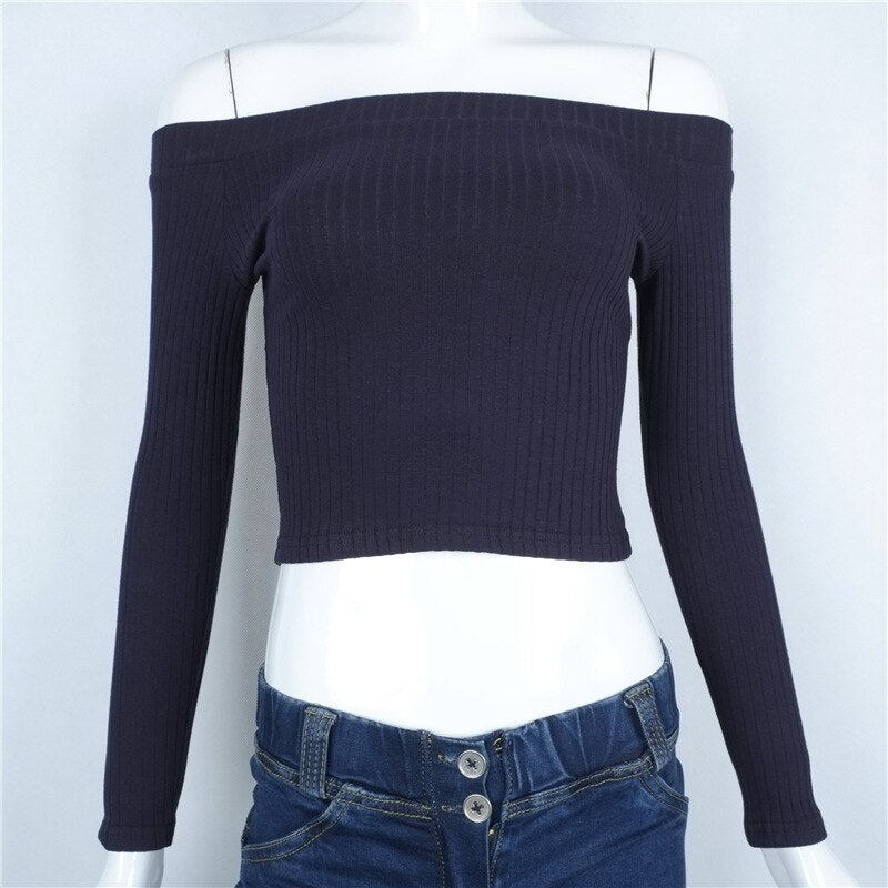 Women Off Shoulder Crop Top T Shirts Long Sleeve Short T-shirts For Women Clothing Fashion Black T-shirt Tops Tees Korean Style