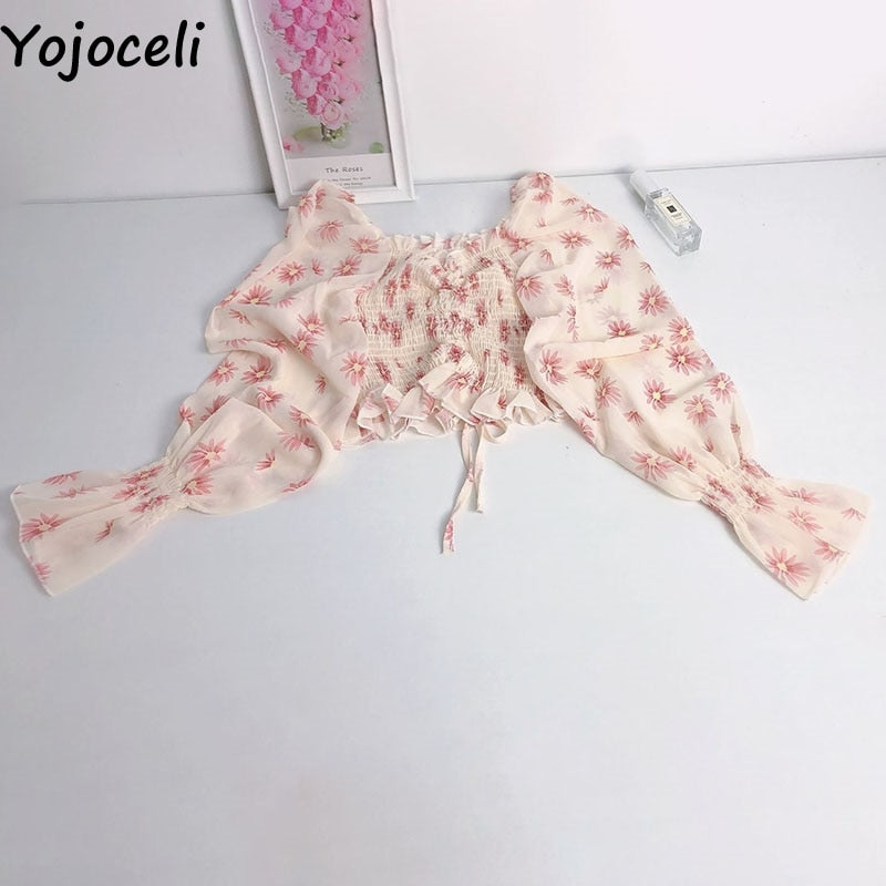 Yojoceli boho beach print blouses shirt women long sleeve ruffle short blouse tops female blusas