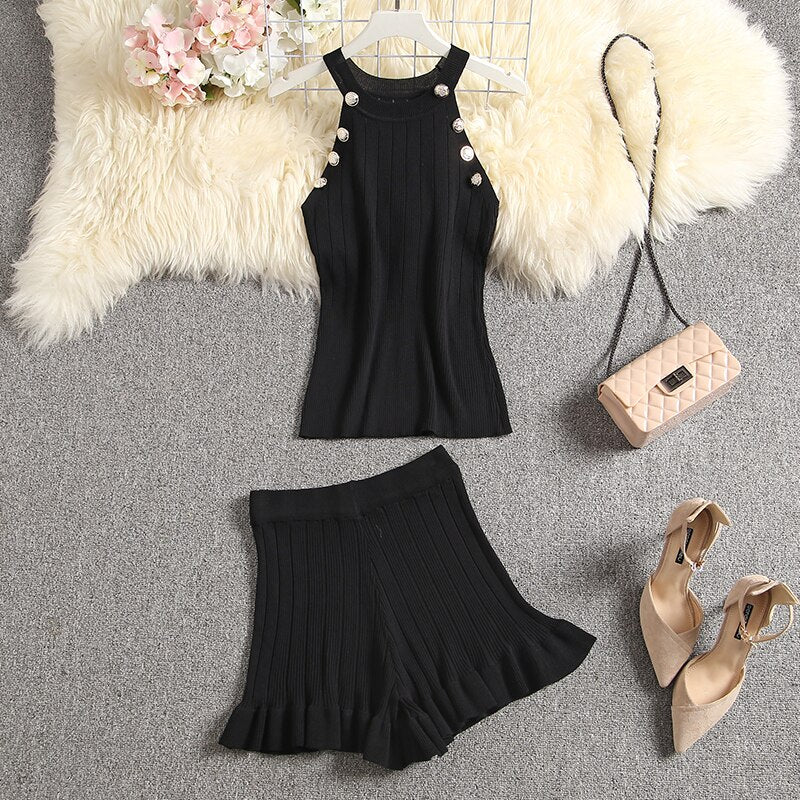 ALPHALMODA 2020 Summer Color Knit Top + Shorts Women 2pcs Lounge Wear Sets Popular Button Tank Top Shorts 2pcs Clothes Set