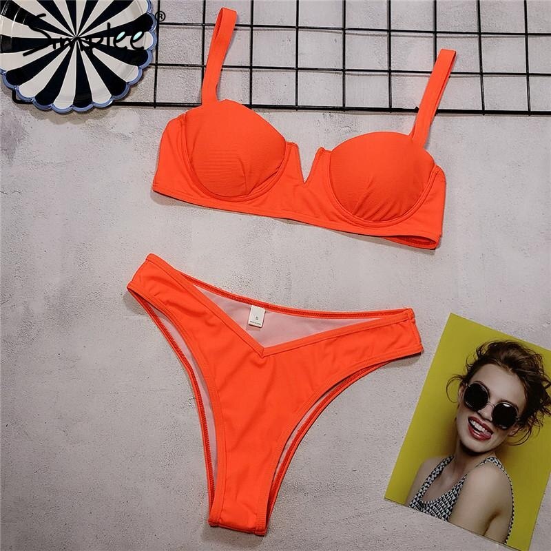 Simplee v neck women bikini 2019 new solid neon Push up bathing suit swimwear Swimsuit female ribbed bathers summer beach wear