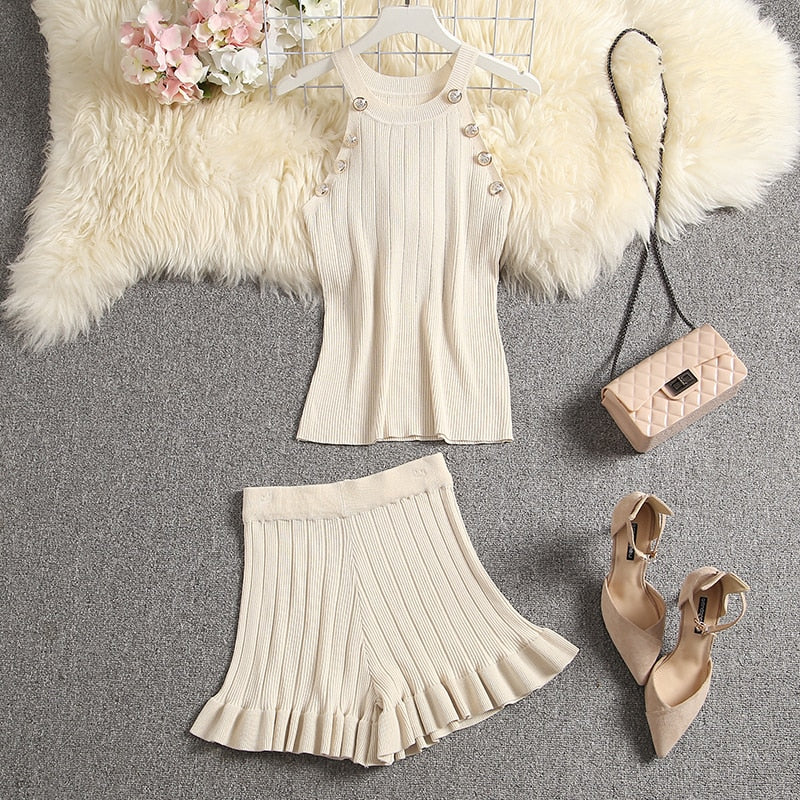 ALPHALMODA 2020 Summer Color Knit Top + Shorts Women 2pcs Lounge Wear Sets Popular Button Tank Top Shorts 2pcs Clothes Set