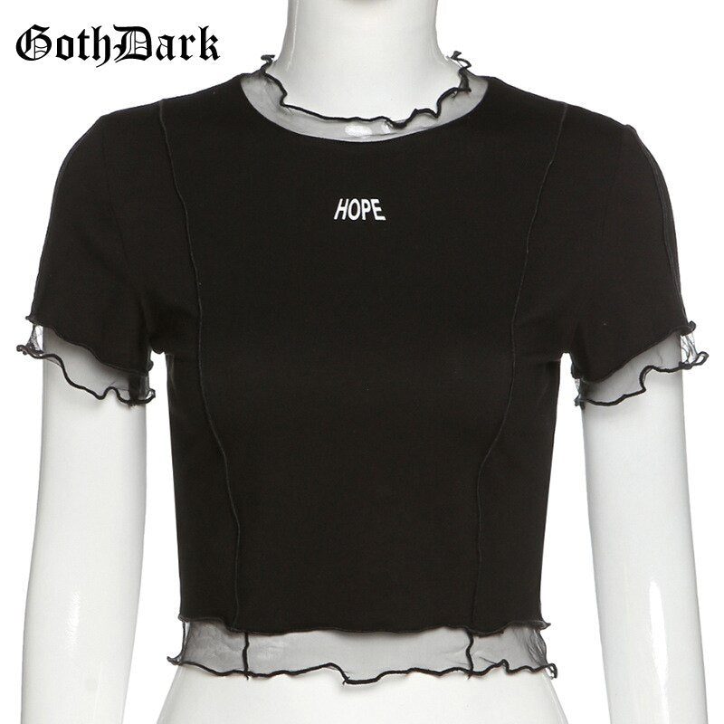 Goth Dark Gothic Hope T-shirts Black Or Blue Ruffles Hem O-neck Bodycon Casaul Women Summer Wear Letter Print Front Crop Tops