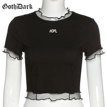 Goth Dark Gothic Hope T-shirts Black Or Blue Ruffles Hem O-neck Bodycon Casaul Women Summer Wear Letter Print Front Crop Tops