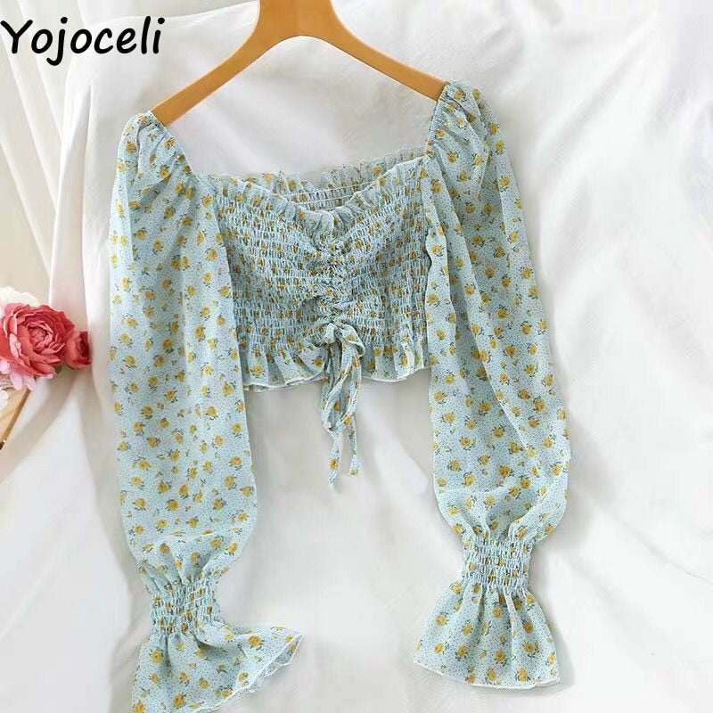 Yojoceli boho beach print blouses shirt women long sleeve ruffle short blouse tops female blusas