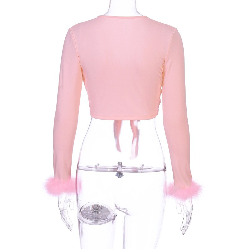 Viifaa Tie Front Fur Cuff Long Sleeve Crop T Shirt Women Clothes 2020 Autumn Winter Pink Tee Tops Sexy Streetwear Fashion Tshirt