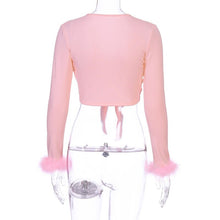 Viifaa Tie Front Fur Cuff Long Sleeve Crop T Shirt Women Clothes 2020 Autumn Winter Pink Tee Tops Sexy Streetwear Fashion Tshirt