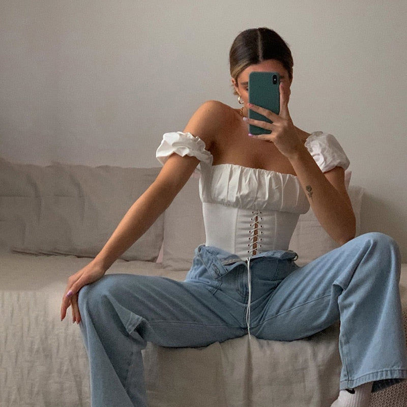 Cryptographic Off Shoulder Fashion Lace Up Shirts Blouse Blouse Women White Crop Tops Blouses Clothes Vintage Tie Front Tops