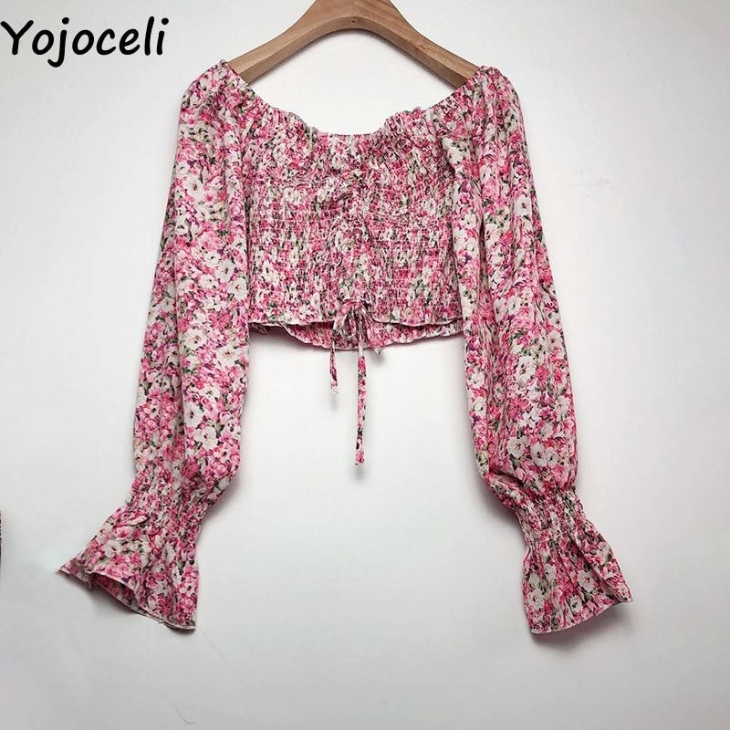Yojoceli boho beach print blouses shirt women long sleeve ruffle short blouse tops female blusas